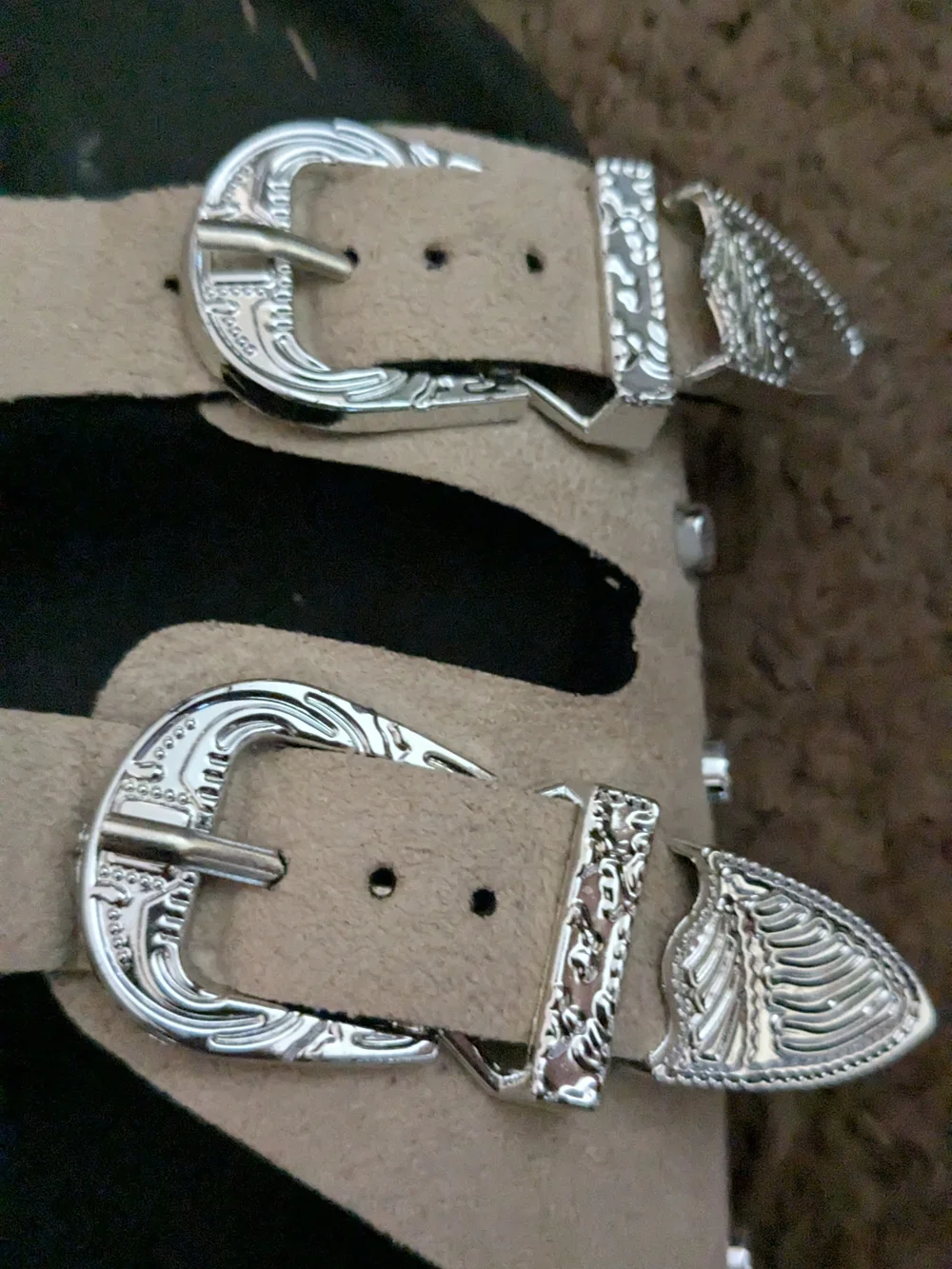 Women’s Dual-Buckle Slip-On Sandals in Beige and Black 